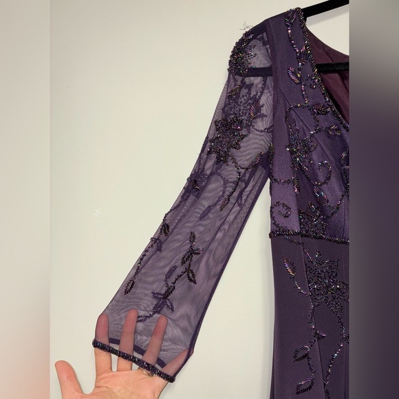 Bob Mackie Plum Beaded Evening Gown | Size 12 | Sheer Sleeves Formal Dress - Picture 3 of 12